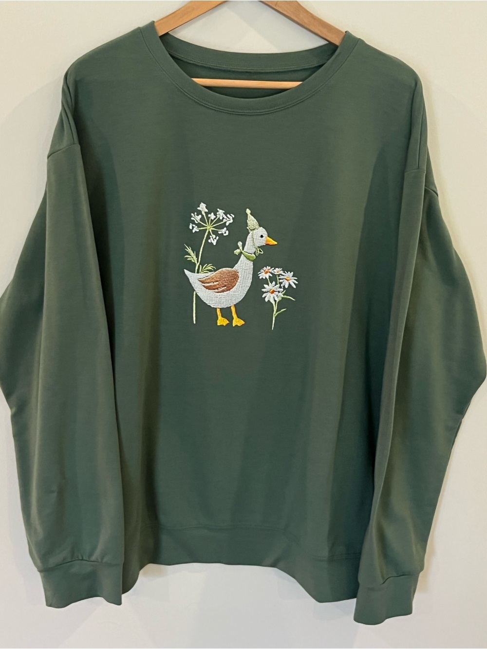 Green Embroidered-Look Print Goose Duck Sweatshirt